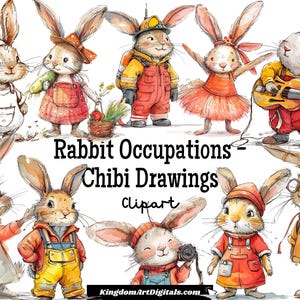 Praca Królika Zawód Chibi Rysunki Clipart Zestaw PNG | Fantazyjne Ilustracje Królika Praca Praca Cyfrowe Pobieranie Zaproszenie Clip Art