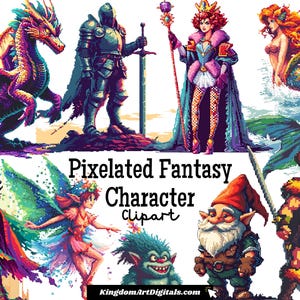 以下が含まれることがあります： ドラゴン、騎士、女王、人魚、妖精、ノーム、ゴブリン、戦士など、ピクセル化されたファンタジーキャラクターのクリップアートのセット。キャラクターはさまざまなポーズをとっており、すべて鮮やかな色で描かれています。