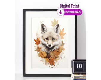Watercolor Autumn Baby Wolf Digital Print PNG |  Fall Leaves Digital Decor Download Nursery Wolf Kit Poster, Woodland Forest Animal Creature