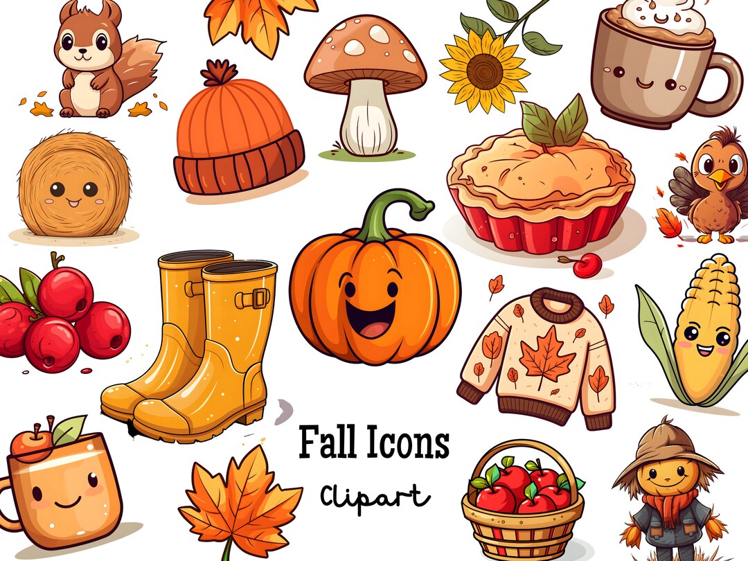 Fall Icons Clipart Set PNG | Autumn Thanksgiving Turkey Leaves Pumpkin ...