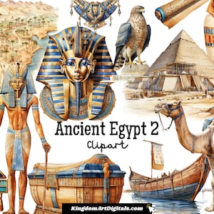 May include: A digital clipart set featuring images of ancient Egyptian culture, including a pharaoh, a pyramid, a camel, a boat, and a sarcophagus. The set is titled "Ancient Egypt 2 Clipart".