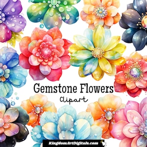 Edelstein Blumen Clipart-Set | Funkelnder Schimmer-Design, künstlerische Blütenblätter, blumige Blumen kristallisieren Illustrationen Digital PNG Bundle Clip Art