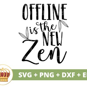 以下が含まれることがあります： 「Offline is the new Zen」というテキストと、テキストの両側にスタイリッシュな葉が描かれた、白黒のテキストグラフィックデザイン。テキストは筆記体フォントです。 SVG + PNG + DXF + EPS.