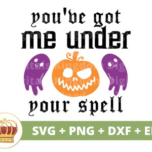 May include: A Halloween-themed design featuring a pumpkin with a spooky face and two purple ghosts. The text reads "You've got me under your spell".