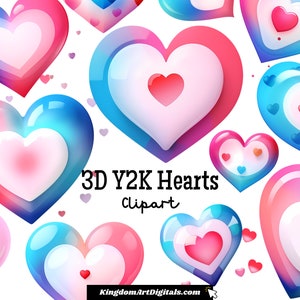 3D Y2K Hearts Clipart Set | Heart Graphics, Aesthetic Designs for Scrapbooks, Digital Retro Heart Art Collection Digital PNG Bundle Clip Art