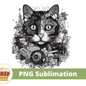 May include: Black and white illustration of a cat's face surrounded by flowers and vintage electronics. The cat has a white patch on its forehead and a black nose. The electronics include a cassette player, a camera, and a microphone.