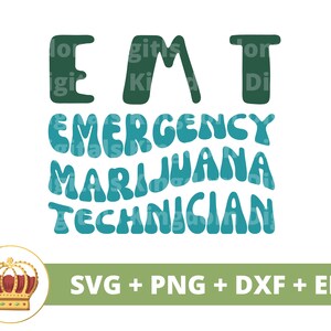 Puede incluir: Un diseño digital con el texto "EMT Emergency Marijuana Technician" en un esquema de colores azul y verde. El texto está estilizado con una fuente ondulada y psicodélica. Una corona dorada se encuentra en la esquina inferior izquierda.
