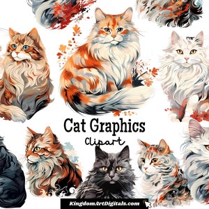 Katzen Grafiken Clipart Set | Pelzige Feline Haustiere, Begleiter-Hauskatzen, persische siamesische Rassen, schwarze und orange Katze Digital PNG Bundle Clip Art