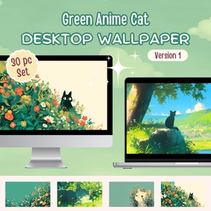 Grün Kawaii Katze Hintergrundbild | 4K Teal Kitty Hintergrund Bundle Pack Blumen Ästhetik Lofi Chibi Anime Macbook PC iphone Laptop