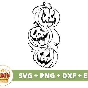 May include: A black and white line drawing of three stacked jack-o'-lantern pumpkins with different facial expressions.  SVG + PNG + DXF + EPS