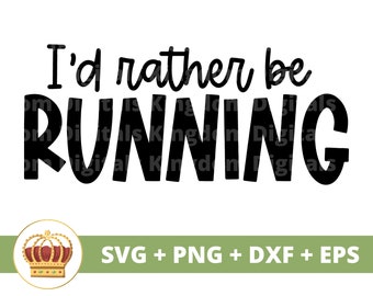Puede incluir: Gráfico de texto en blanco y negro que dice "I'd rather be running". El gráfico está acompañado de una corona con joyas rojas y detalles dorados.