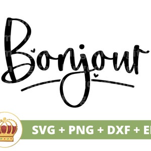May include: Black and white graphic design of the word "Bonjour" in a handwritten style with a small heart above the "o" and a line underneath the word.