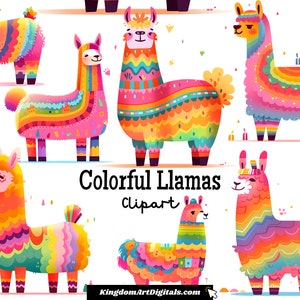 Bunte Lamas Clipart-Set | Lebendiges helles Tier, wunderliche abstrakte Boho-Designs, kulturelle Wolle, Bauernhof-Tier-Digital PNG-Bundle-Clip-Art