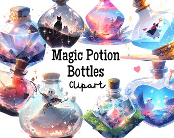 Magic Potion Bottles Clipart Set PNG | Witch Wizard Magic Worlds Halloween Astro Party Anime Manga Cute Graphic Digital Sticker Download