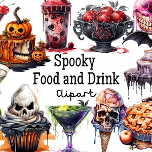 Spooky Food and Drink Clipart Set PNG | Halloween Party Horror Dessert Birthday Graphic Creature Illustration Digital Download Invitation