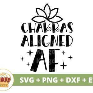 Könnte beinhalten: Schwarzweißes Grafikdesign mit einer stilisierten Lotusblume und dem Text "Chakras Aligned AF".