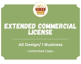May include: Green and white graphic with a gold crown. The text reads "EXTENDED COMMERCIAL LICENSE" and "All Design/1 Business - Unlimited Uses -"