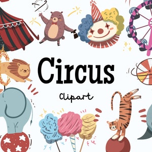 Circus Clipart Set | Digital Download, Handdrawn clip art, Hand drawn Zoo, Bear, Carnival, Lion, Tiger, Elephant, Amusement Park, Clown