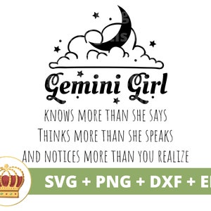 Garota de Gêmeos sabe mais do que diz SVG | Gêmeos Signo Do Zodíaco Astrologia Horóscopo Aniversário Maio Junho PNG T Shirt Design Caneca Cricut Cut File