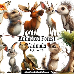 Conjunto de imágenes prediseñadas de animales del bosque animados PNG / Criaturas del bosque Vida silvestre Animales de dibujos animados lindos Libros de cuentos Descarga digital Invitación Clip Art