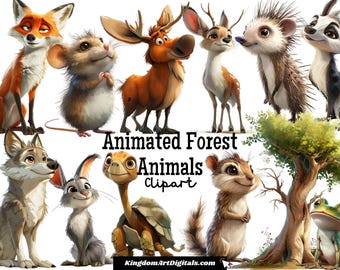 Animated Forest Animals Clipart Set PNG | Woodland Creatures Wildlife Cute Cartooned Animals Storybooks Digital Download Invitation Clip Art