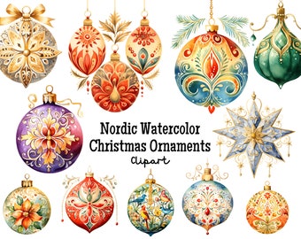 Acuarela Navidad Adornos Clipart Set PNG / Vacaciones de Invierno Clip Art Feliz Árbol de Navidad Bolas Baulbs Ilustración Descarga Digital
