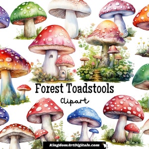 Ensemble de cliparts champignon aquarelle | Champignon vénéneux coloré de la forêt sauvage, forêt rustique fantastique, nature boisée numérique PNG Bundle Clip Art