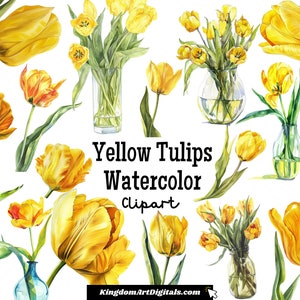 Conjunto de imágenes prediseñadas de tulipanes amarillos en acuarela / Flores doradas y soleadas, decoración para bodas, cumpleaños y aniversarios, descarga digital, imágenes prediseñadas para invitaciones