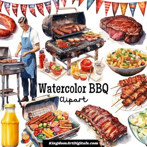 Aquarell BBQ Clipart-Set PNG | Outdoor-Feuer Grillen Lecker Gourmet-Fleisch Würstchen Salate Zeichnungen Digitaler Download Einladung ClipArt