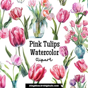 Conjunto de imágenes prediseñadas de tulipanes rosados en acuarela, flores frescas de color rosa pastel brillante, descarga de imágenes prediseñadas de invitación para bodas, cumpleaños, aniversarios y Pascuas