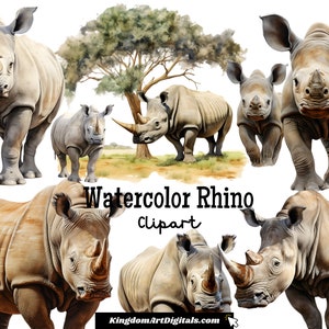 May include: Watercolor clipart of six white rhinoceroses in various poses. The rhinoceroses are depicted in a realistic style with detailed features and textures. The background includes a watercolor painting of a tree and grass.