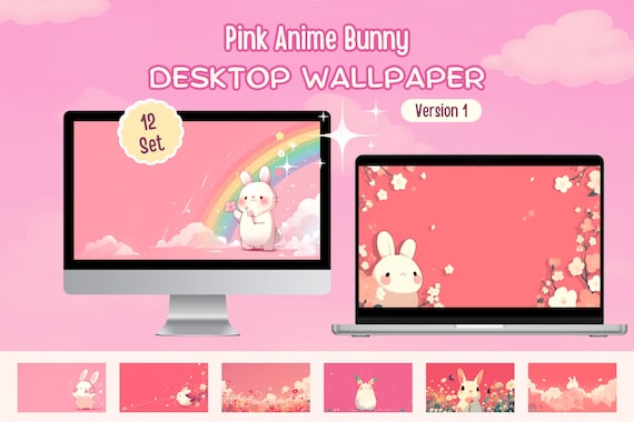 Pink Kawaii Bunny Desktop Wallpaper | 4K Sakura Background Bundle