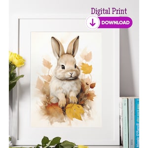 Aquarell Herbst Hase Digital Druck PNG | Cottage Core Herbst Blätter Digital Dekor Download Kinderzimmer Baby Kaninchen Wald Waldtier