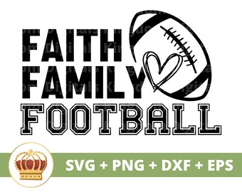 May include: Black and white graphic design featuring the text "Faith Family Football" and a football with a heart inside. The design is ideal for a sports enthusiast.