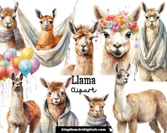 May include: A digital clipart set featuring watercolour illustrations of llamas in various poses. The llamas are depicted in a variety of colours, including brown, white, and grey. Some llamas are wearing accessories, such as a scarf, a flower crown, and a hoodie. The text "Llama Clipart" is included in the image.