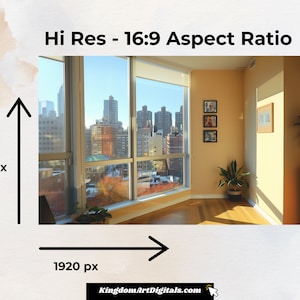 May include: A high-resolution image with a 16:9 aspect ratio showing a room with a large window overlooking a city skyline. The room has a light brown wall, a wooden floor, and two potted plants. There are three framed pictures on the wall.