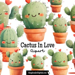 Lindo cactus San Valentín Clipart Set / Kawaii Digital Love PNG Bundle Romance clip art Cactus Plantas Suculentas Jardinería Desierto del Suroeste