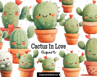 Cute Cactus Valentines Day Clipart Set | Kawaii Digital Love PNG Bundle Romance clip art Cacti Plants Succulents Gardening Southwest Desert
