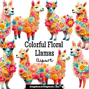 Lama buntes 3D Blumen Clipart-Set PNG | Bunte blumige gedruckte Alpakas Natur Tier Illustrationen Digital Download Einladung Clip Art