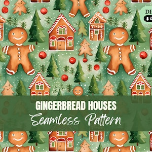 Gingerbread Houses Christmas Seamless Pattern PNG Dessert Repeat Pattern Seamless File Wallpaper Wrapping Paper Digital Printable Baking