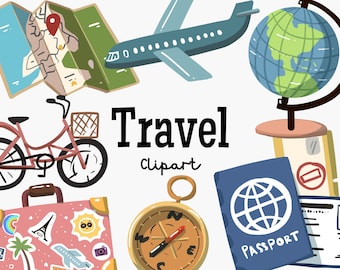 Travel Clipart Set PNG | Vacation Summer Suitcase Girl Adventure Airplane Wanderlust Planner Sticker Illustration Digital Download Invite