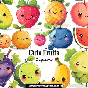 Ensemble de cliparts mignons fruits visages PNG | Adorable pastèque, ananas, fruit coloré, autocollant, fête d'été, arc-en-ciel, téléchargement, invitation, clipart