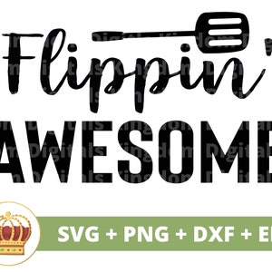 Puede incluir: Diseño gráfico en blanco y negro con una espátula y el texto "Flippin' Awesome".