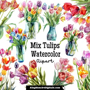 Conjunto de imágenes prediseñadas de tulipanes mixtos de acuarela, flores frescas coloridas, invitación de descarga digital de flores de Pascua para aniversario de cumpleaños de boda