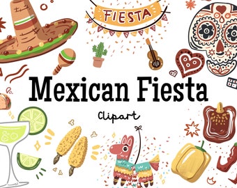Mexican Fiesta Clipart Set PNG | Mexico Food Cinco De Mayo Tequila Taco Sombrero Wedding Invitation Digital Download Summer Party Cactus