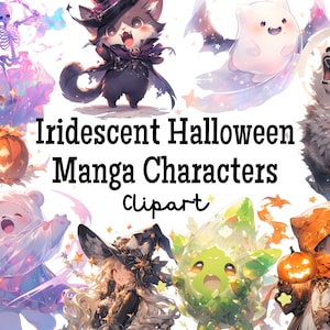 Conjunto de clipart de personagens de Halloween de mangá iridescente PNG | Adesivos de anime para festa Pumpking Ghost Sparkle Gráfico de aniversário download digital