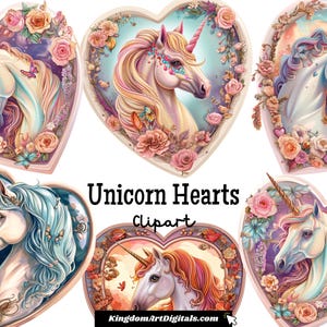 Ensemble de cliparts coeurs de licorne PNG | Vintage lunatique belle licorne rose en forme de coeur Saint Valentin anniversaire téléchargement numérique Invitation Clip Art