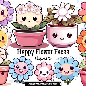 Glückliche Blumen Gesichter Clipart-Set PNG | Fröhlich hell Spaß bunt Emotion Blume Geburtstag Buch Aufkleber Digital Download Einladung Clip Art