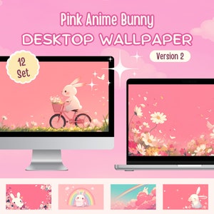 Rosa Kawaii Häschen Desktop Hintergrund | 4K Sakura Hintergrund Bundle Pack Blumen Floral Ästhetik Lofi Chibi Anime Kaninchen Macbook PC iphone