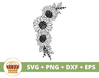 May include: Black and white line art illustration of three sunflowers with stems and leaves. The sunflowers are arranged in a vertical line, with the largest sunflower at the top and the smallest sunflower at the bottom.
